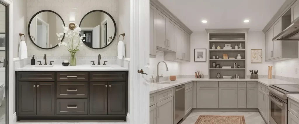 Custom kitchen and bathroom cabinets with modern design, neutral finishes, and built-in storage