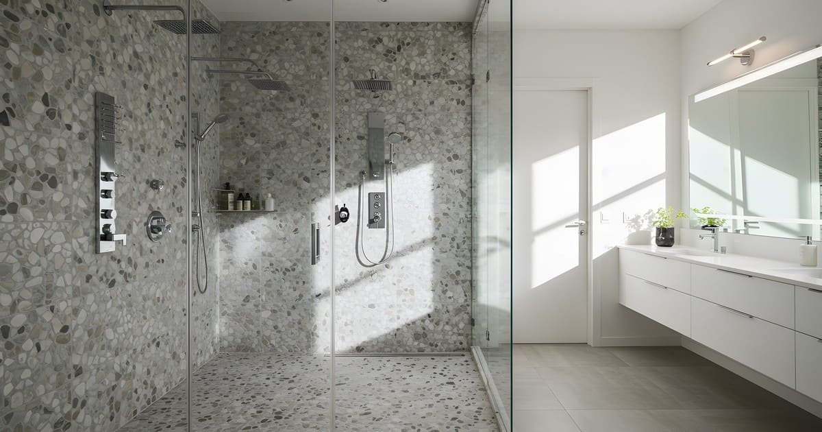 A spacious, sunlit bathroom featuring a glass enclosure with dual shower heads and grey stone walls, highlighting pebble shower floor pros and cons.