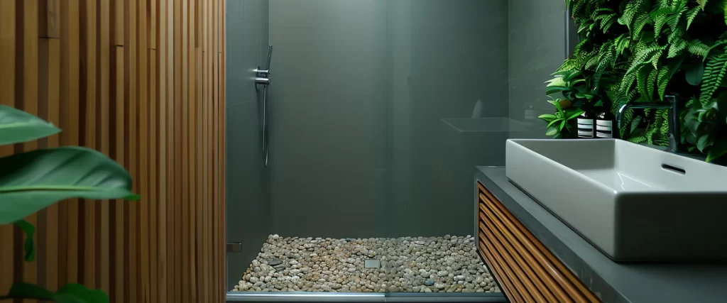 Modern spa-like bathroom with vertical wood slats, a lush green plant wall, a white vessel sink, and a natural stone pebble shower floor.