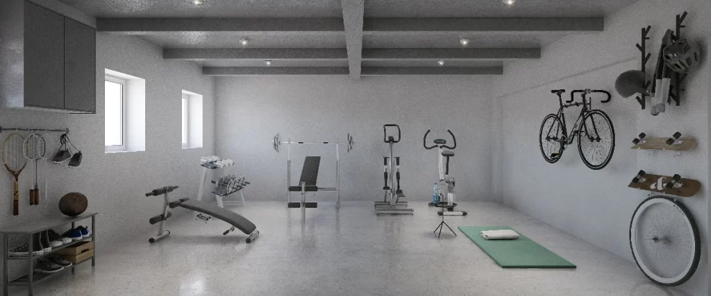A spacious unfinished basement converted into a home gym, featuring a weight bench, squat rack, cardio machines, and bicycles mounted on a concrete wall.